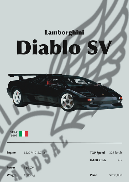 Lamborghini Diablo SV 1995 Stampa Grafica Scheda Tecnica