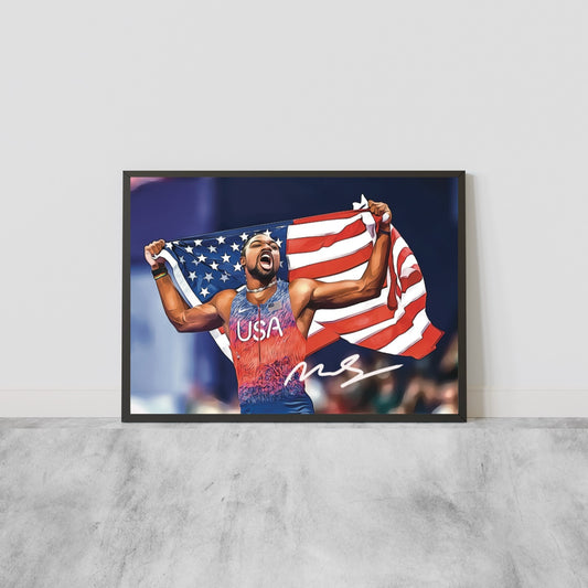 Noah Lyles Iconic Celebration USA Flag Paris 2024 Medaglia d'Oro Autografo Signature Series Olimpiadi