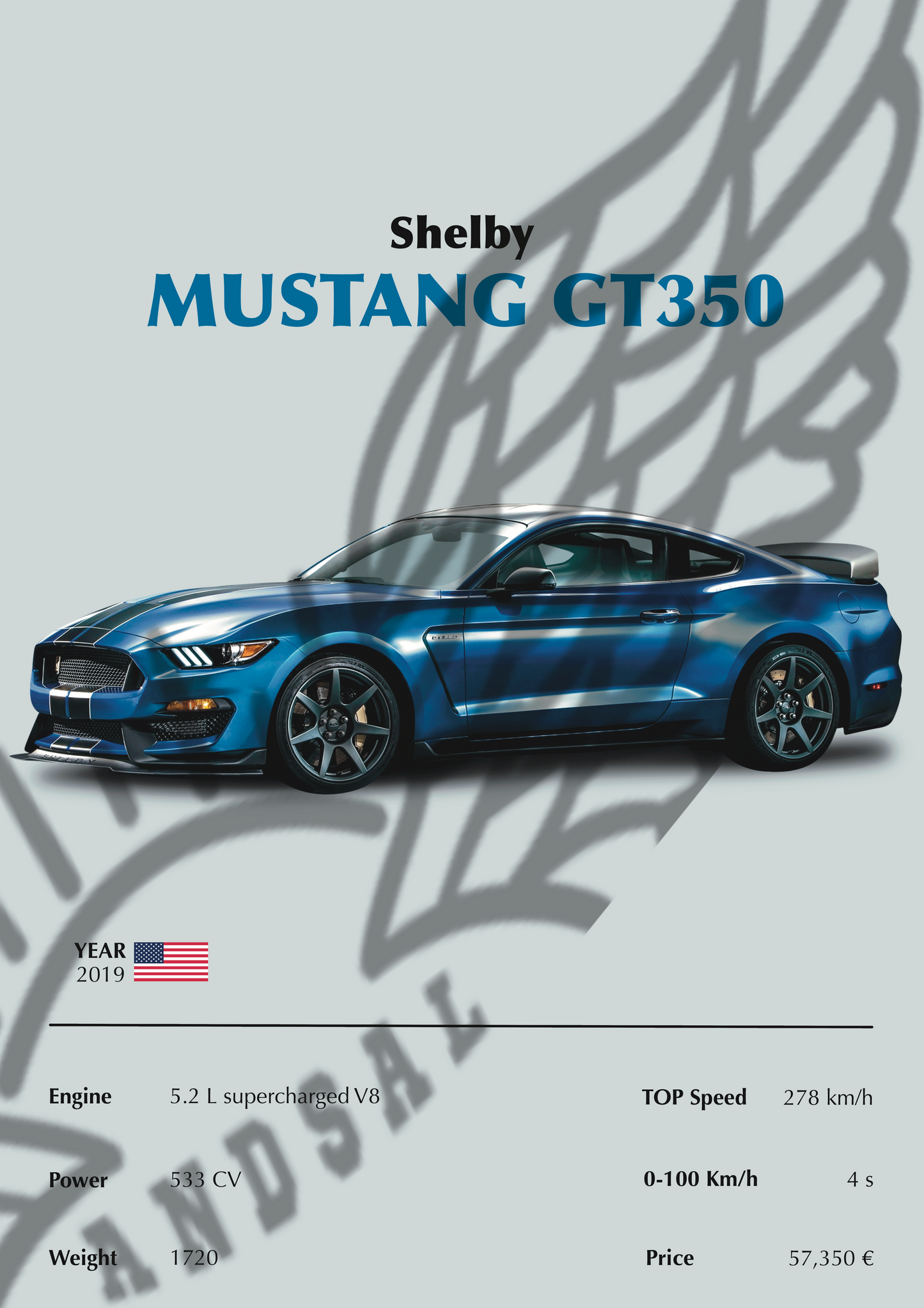 Shelby Mustang GT350 Blu Stampa Grafica Scheda Tecnica