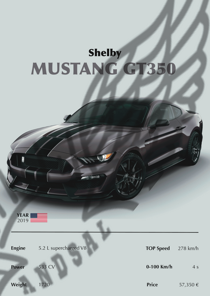 Shelby Mustang GT350 Nera Stampa Grafica Scheda Tecnica