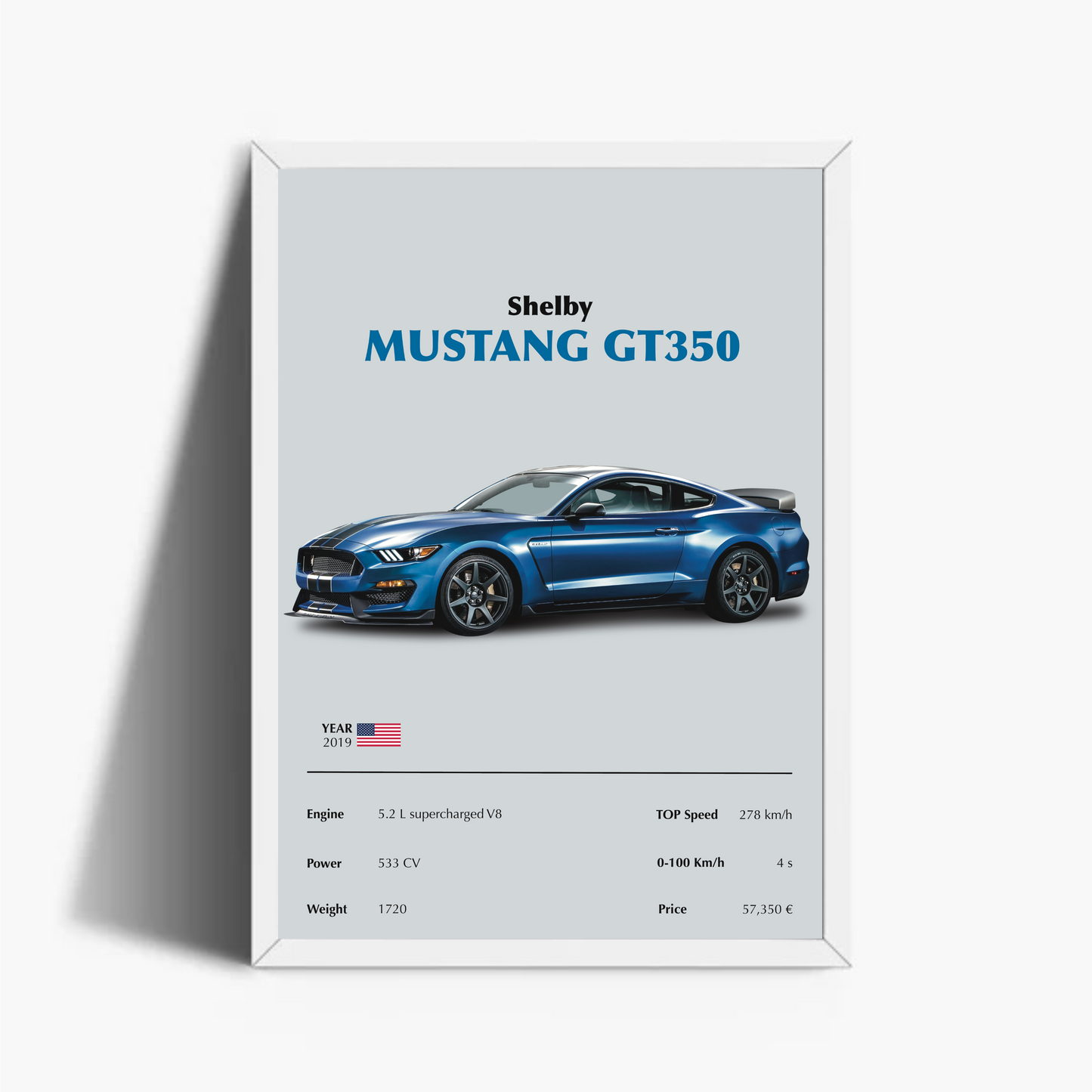 Shelby Mustang GT350 Blu Stampa Grafica Scheda Tecnica