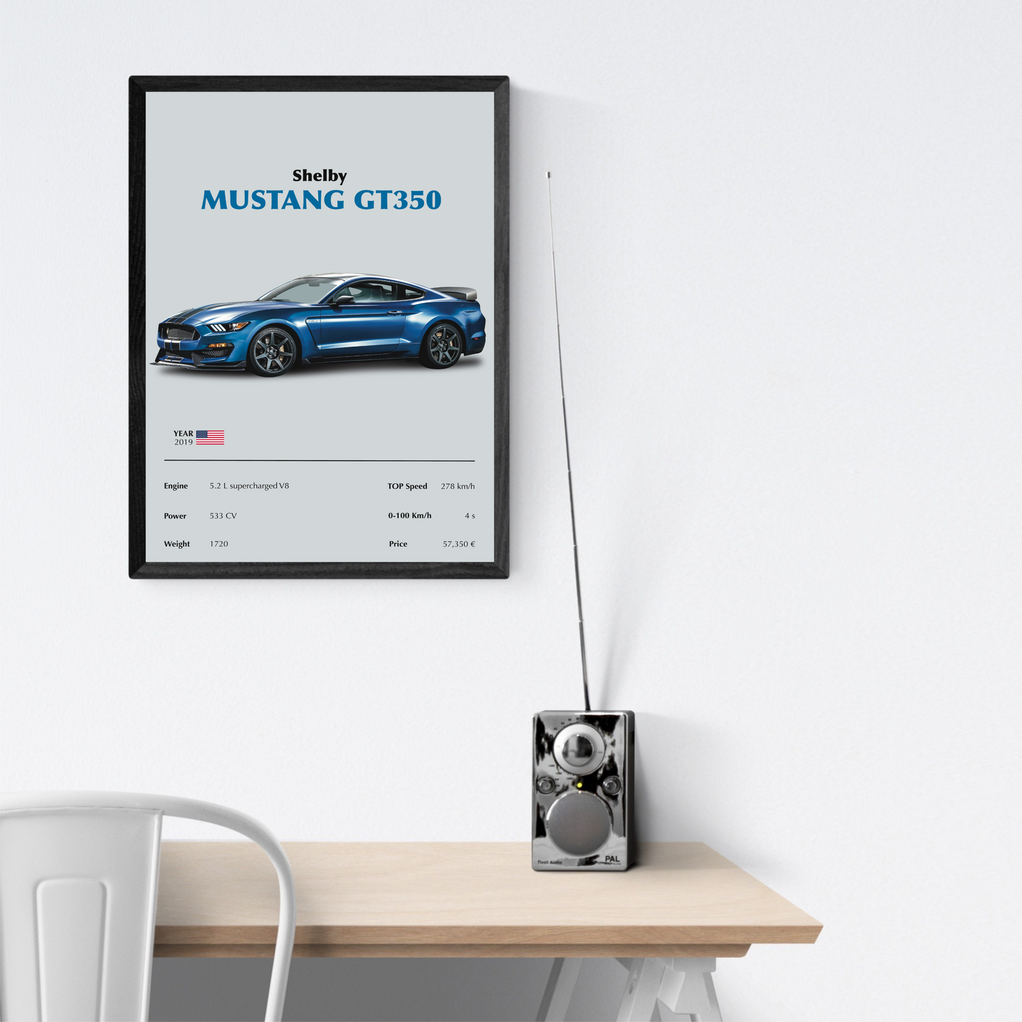 Shelby Mustang GT350 Blu Stampa Grafica Scheda Tecnica